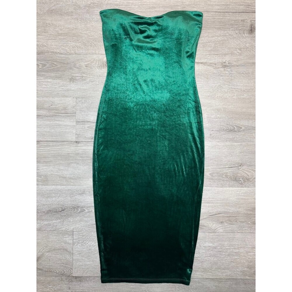 Emerald Green Velvet Strapless Tube Bodycon Midi Dress Small